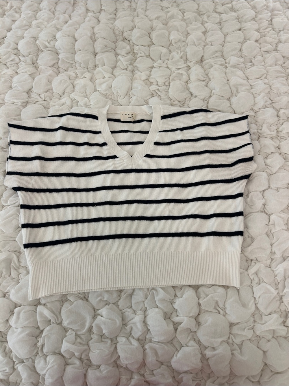 Striped V-Neck Knit Sweater Top in White and Black